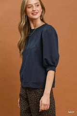 Navy Blue Puff Sleeve Round Neck Sweatshirt | Boutique In USA, Sweatshirts, $ 49.00, A Moment Of Now™