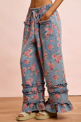 Blue Washed Floral Denim With Ruffle Elastic Wide Pants | Boutique In USA, Pants, $ 67.00, A Moment Of Now™