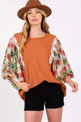 Caramel Printed Balloon Sleeve Contrast Top, Tops, $ 55.00, A Moment Of Now™
