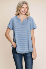Blue & White Slit Striped Notched T-Shirt Top, Tops, $ 25.00, A Moment Of Now™