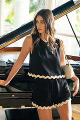 Stylish Black Ric Rac Trim Top & Shorts Set, Outfit Sets, $ 55.00, A Moment Of Now™
