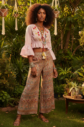 Pink Floral Embroidered Cropped Blouse with Flared Ruffle Sleeves