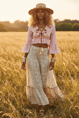 Boho Pink Floral Embroidered Cropped Blouse with Ruffle Sleeves , Blouses, $ 49.00, A Moment Of Now™