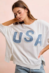 BiBi 4th Of July Usa Letter Patchwork French Terry Top, Tops, $ 60.00, A Moment Of Now™