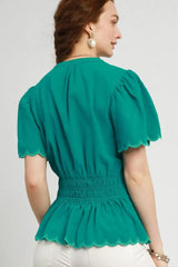 Turquoise Green Scalloped Edge Flutter Sleeve Blouse, Blouses, $ 55.00, A Moment Of Now™