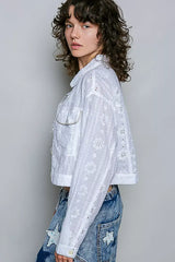 Off White Eyelet Textured Cotton Cropped Button Front Jacket | Boutique In USA, Jackets, $ 76.00, A Moment Of Now™