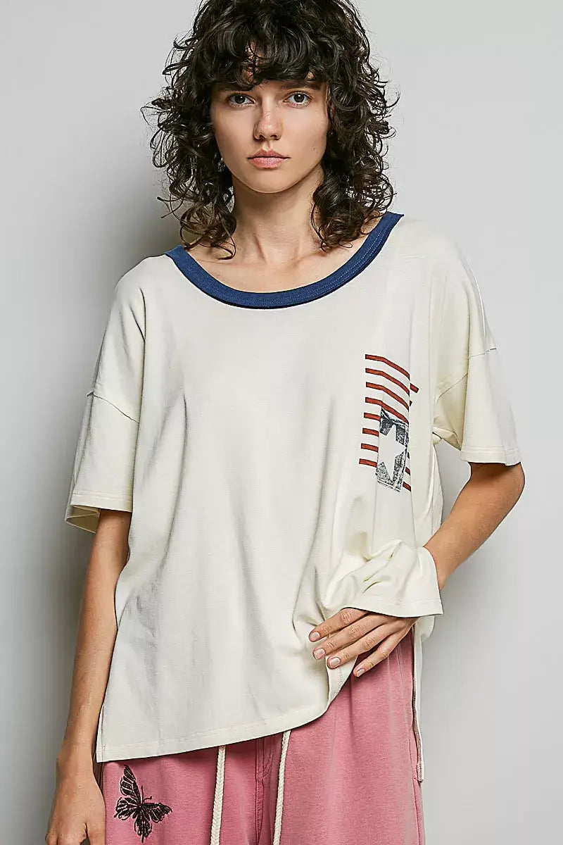 Cream American Flag Color Block Side Slit Cotton Top | Boutique In USA, Tops, $ 45.00, A Moment Of Now™