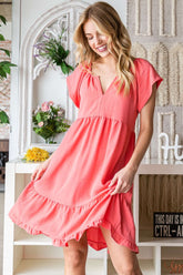 Coral Ruffled Notched Cap Sleeve Midi Dress, Dresses, $ 45.00, A Moment Of Now™