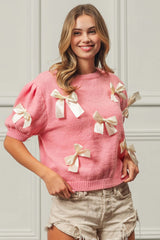 Cute Pink Ribbon Bow Puff Sleeve Sweater, Sweaters, $ 49.00, A Moment Of Now™