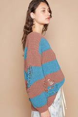 Brown Teal Striped Distressed Long Sleeve Sweater, Sweaters, $ 65.00, A Moment Of Now™