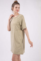 Sage Washed Round Neck Mini Tee Dress - Casual Style, Dresses, $ 40.00, A Moment Of Now™