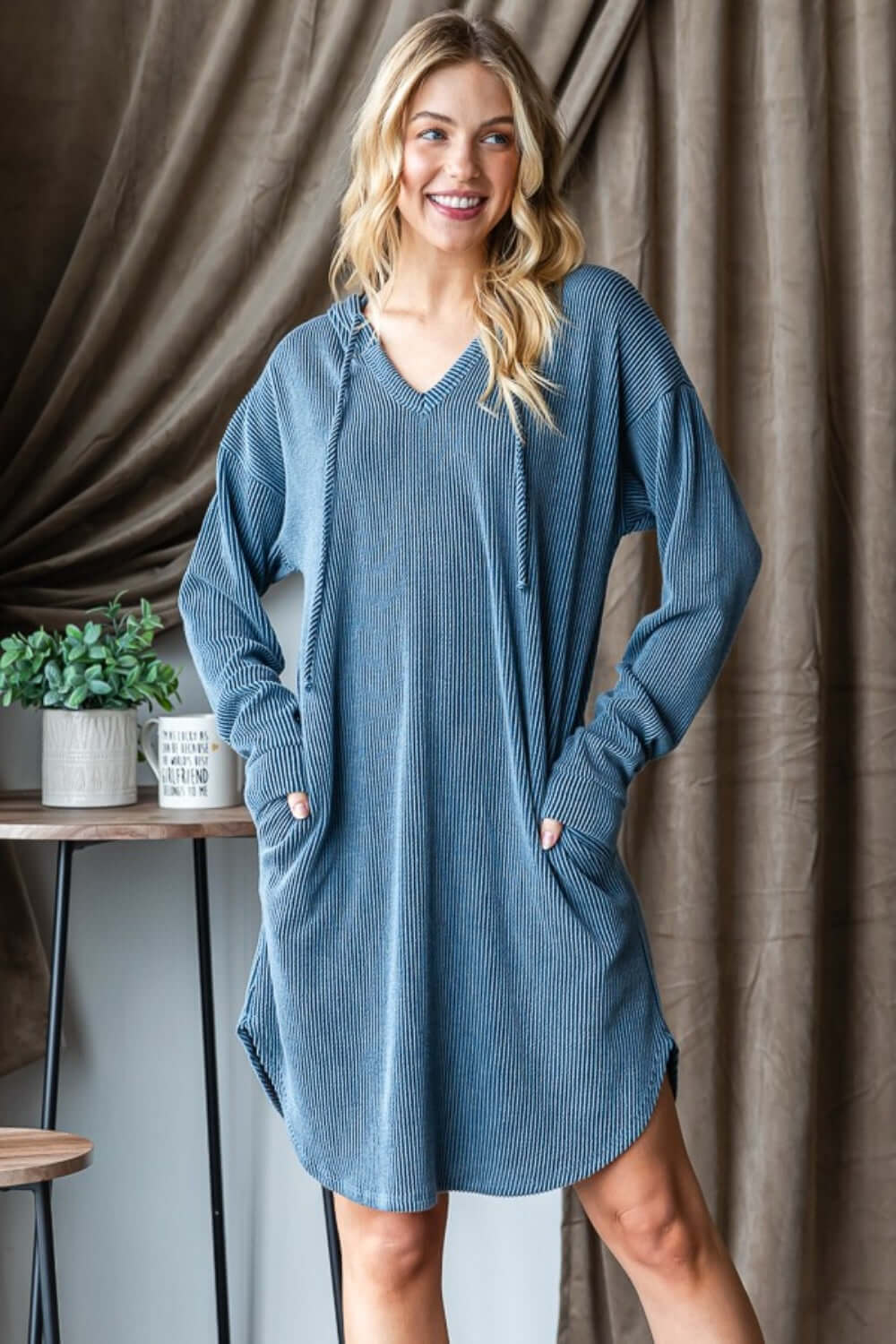 Dark Blue Ribbed Long Sleeve Hooded Dress - Chic Comfort, Dresses, $ 39.00, A Moment Of Now™