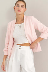 Blush Pink Open Front Ruched Sleeve Blazer, , $ 35.00, A Moment Of Now™