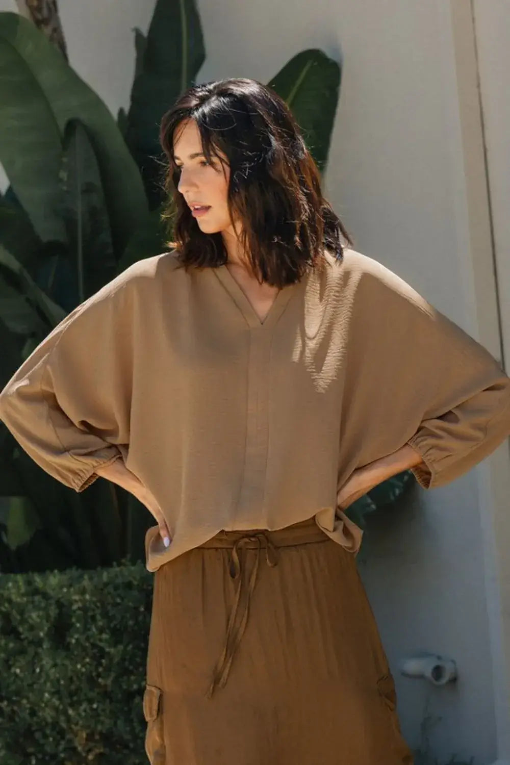 Camel Brown Notched Batwing Sleeve Blouse - Elegant Style, Blouses, $ 45.00, A Moment Of Now™