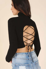 Mock Neck Lace-up Open Back Long Sleeve Top, Tops, $ 47.95, A Moment Of Now™