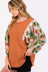Caramel Printed Balloon Sleeve Contrast Top, Tops, $ 55.00, A Moment Of Now™