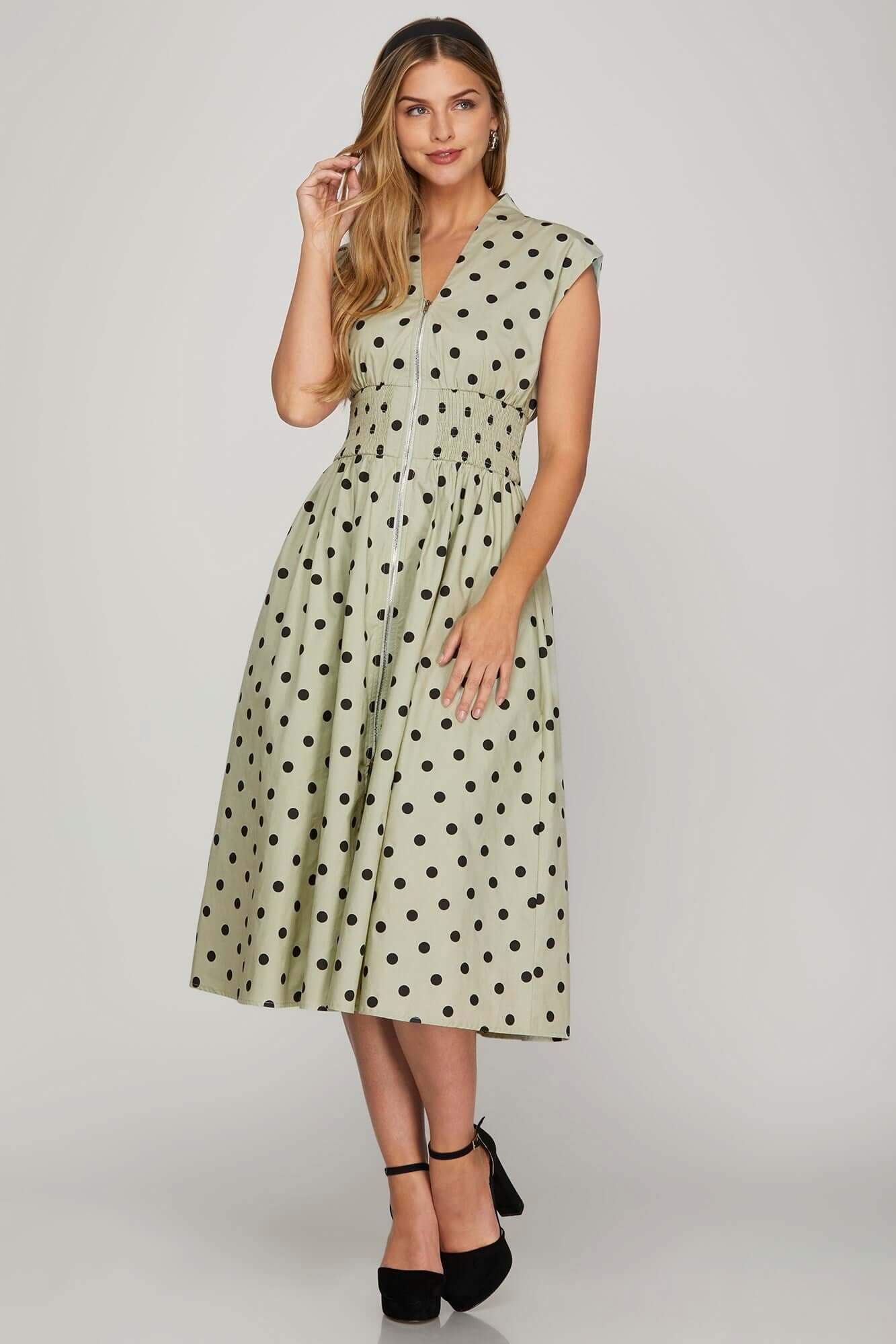 Sage Front Zip Polka Dots Cap Sleeve Midi Dress, Dresses, $ 59.00, A Moment Of Now™