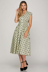 Sage Front Zip Polka Dots Cap Sleeve Midi Dress, Dresses, $ 59.00, A Moment Of Now™
