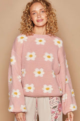 Soft Pink Daisy Pattern Drop Shoulder Sweater, Sweaters, $ 49.00, A Moment Of Now™