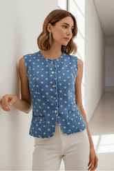 Polka Dot Denim Scallop Edge Button Down Vest Top