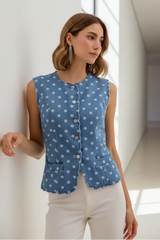 Polka Dot Denim Scallop Edge Button Down Vest Top
