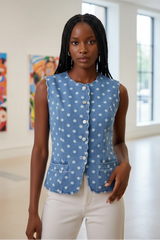 Polka Dot Denim Scallop Edge Button Down Vest Top