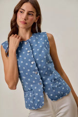 Polka Dot Denim Scallop Edge Button Down Vest Top | Boutique In USA, Tops, $ 61.00, A Moment Of Now™