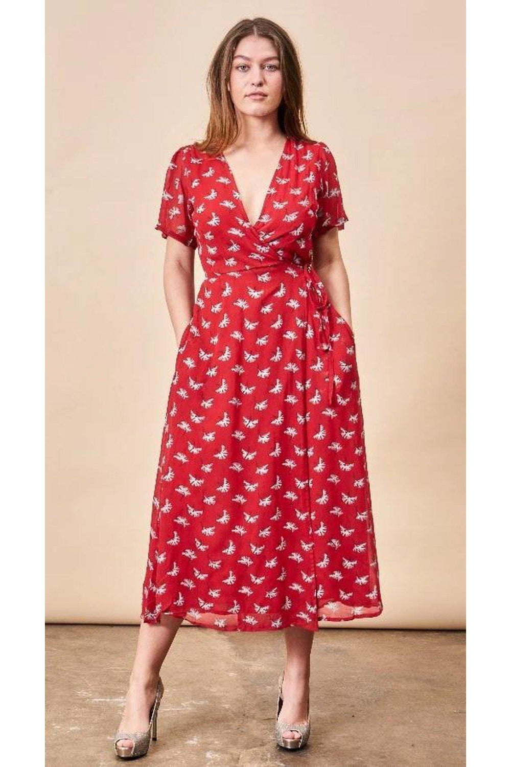 Ginkgo Leaf Midi Wrap Dress Lipstick Red + Silver | Boutique In USA, Dresses, $ 180.00, A Moment Of Now™