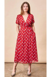 Ginkgo Leaf Midi Wrap Dress Lipstick Red + Silver | Boutique In USA, Dresses, $ 180.00, A Moment Of Now™
