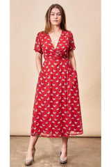 Ginkgo Leaf Midi Wrap Dress Lipstick Red + Silver | Boutique In USA, Dresses, $ 180.00, A Moment Of Now™