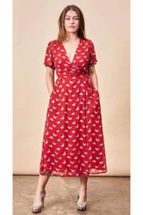Ginkgo Leaf Midi Wrap Dress Lipstick Red + Silver | Boutique In USA, Dresses, $ 180.00, A Moment Of Now™