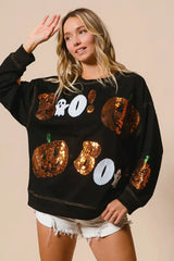 Black Halloween Sequin Embroidery Sweatshirt, Sweatshirts, $ 62.00, A Moment Of Now™