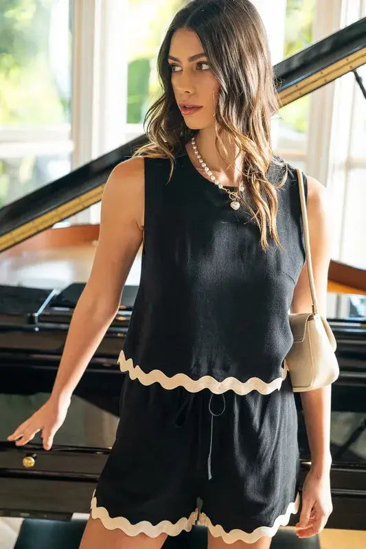 Stylish Black Ric Rac Trim Top & Shorts Set, Outfit Sets, $ 55.00, A Moment Of Now™