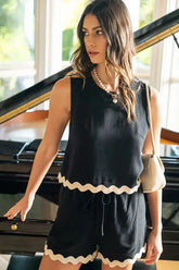 Stylish Black Ric Rac Trim Top & Shorts Set, Outfit Sets, $ 55.00, A Moment Of Now™