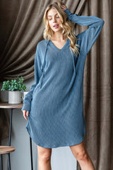 Dark Blue Ribbed Long Sleeve Hooded Dress, Dresses, $ 39.00, A Moment Of Now™