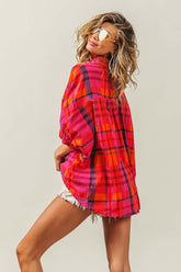 Fuchsia Button Up Dolman Sleeve Plaid Shirt Top, Shirts, $ 59.00, A Moment Of Now™