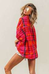 Fuchsia Button Up Dolman Sleeve Plaid Shirt Top, Shirts, $ 59.00, A Moment Of Now™