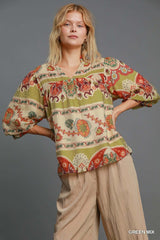 Chic Plus Size Yellow Green Border Print Blouse, Blouses, $ 61.00, A Moment Of Now™