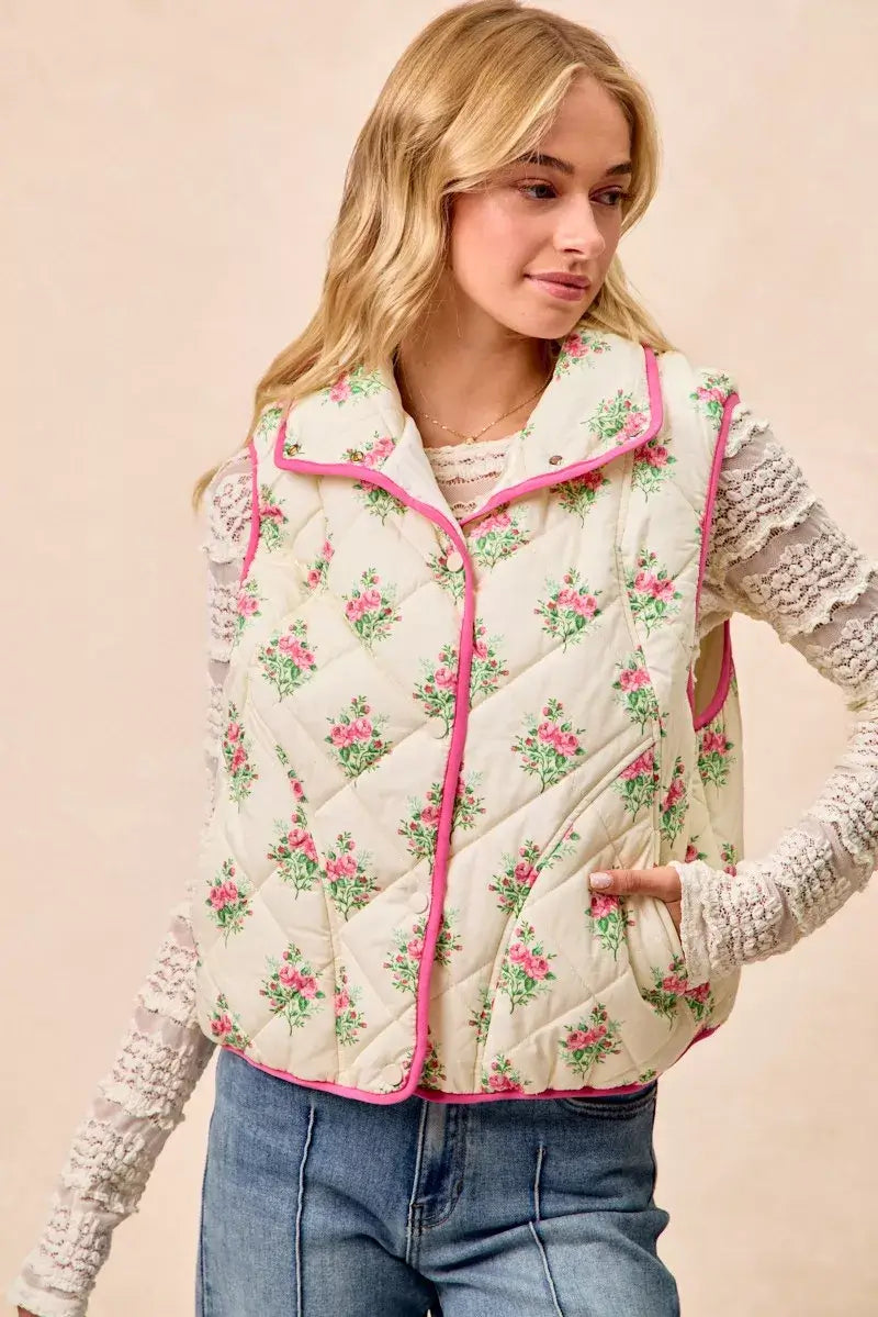 Pink Cream Floral Print Piping Detail Quilted Vest | Boutique In USA, Vests, $ 69.00, A Moment Of Now™