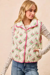 Pink Cream Floral Print Piping Detail Quilted Vest | Boutique In USA, Vests, $ 69.00, A Moment Of Now™