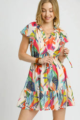 Colorful Printed Tie Neck Ruffled Mini Dress, Dresses, $ 55.00, A Moment Of Now™