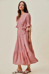 Red Stripe Textured Short Sleeves Lined Wrap Midi Dres | Boutique In USA, Dresses, $ 69.00, A Moment Of Now™