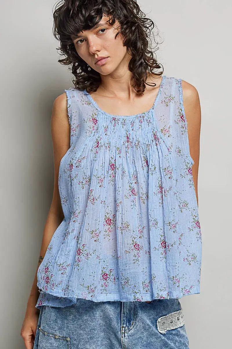 Blue Round Neck Sleeveless Floral Pleated Cotton Top | Boutique In USA, Tops, $ 64.00, A Moment Of Now™