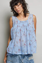 Blue Round Neck Sleeveless Floral Pleated Cotton Top | Boutique In USA, Tops, $ 64.00, A Moment Of Now™