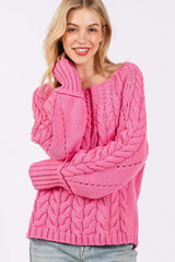 Deep Pink Cable-Knit Long Sleeve Sweater, Sweaters, $ 59.00, A Moment Of Now™