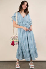 Blue Embroidered Boho Ruffled Midi Dress, Dresses, $ 55.00, A Moment Of Now™