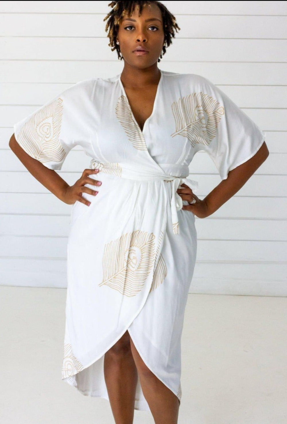 Peacock Maxi Wrap Dress in White + Gold | Boutique In USA, Dresses, $ 180.00, A Moment Of Now™