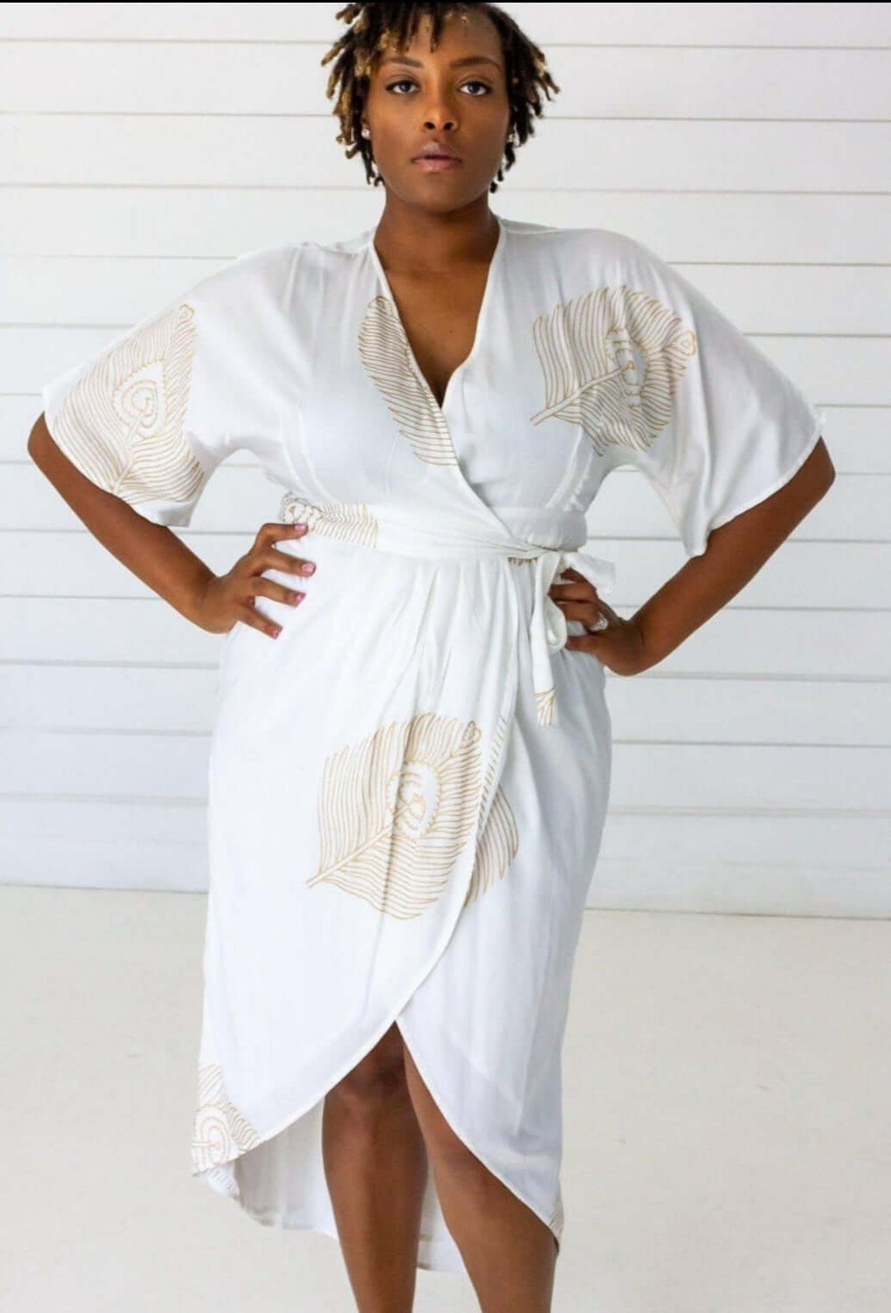 Peacock Maxi Wrap Dress in White + Gold | Boutique In USA, Dresses, $ 180.00, A Moment Of Now™