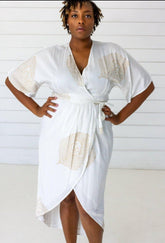 Peacock Maxi Wrap Dress in White + Gold | Boutique In USA, Dresses, $ 180.00, A Moment Of Now™