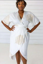 Peacock Maxi Wrap Dress in White + Gold | Boutique In USA, Dresses, $ 180.00, A Moment Of Now™